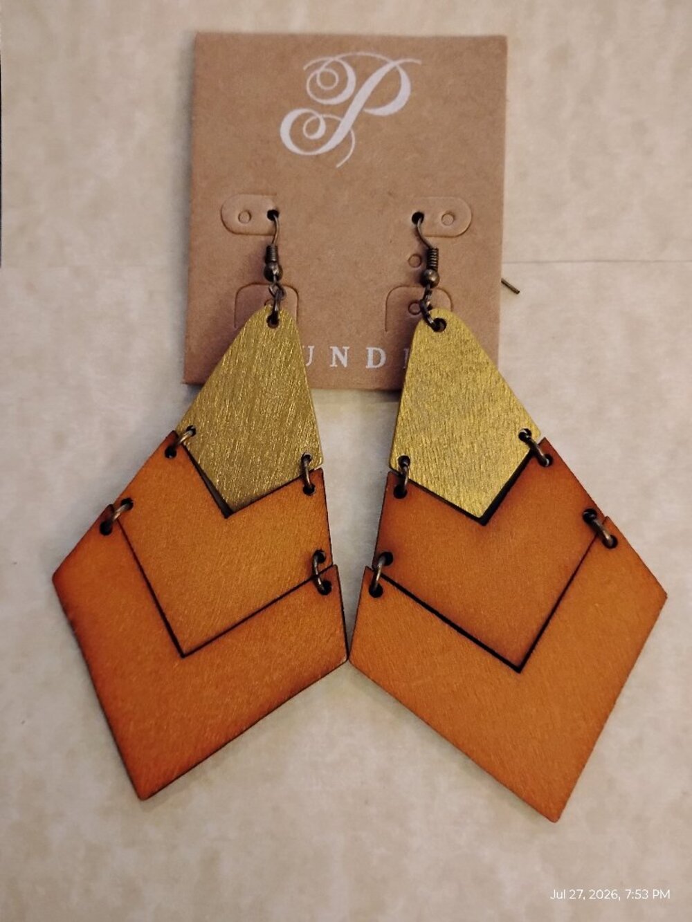 Wood Geometric Dangle Earrings Gold & Orange Boho Statement NEW